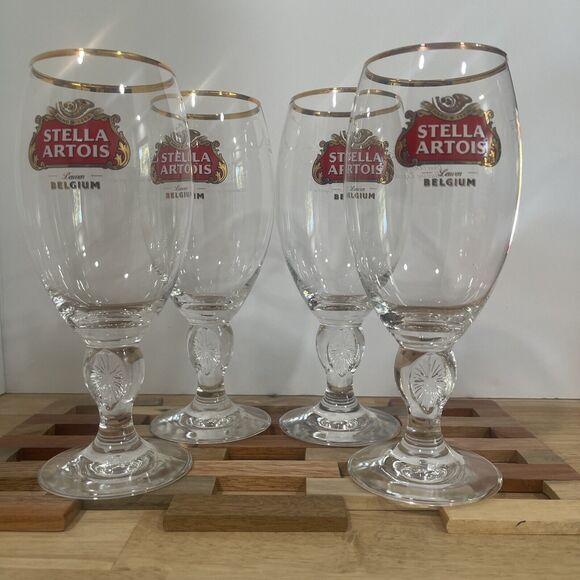 Set of 4 Stella Artois 40CL Gold Rimmed Beer Glasses Chalices Barcore Royalcore - Picture 1 of 8
